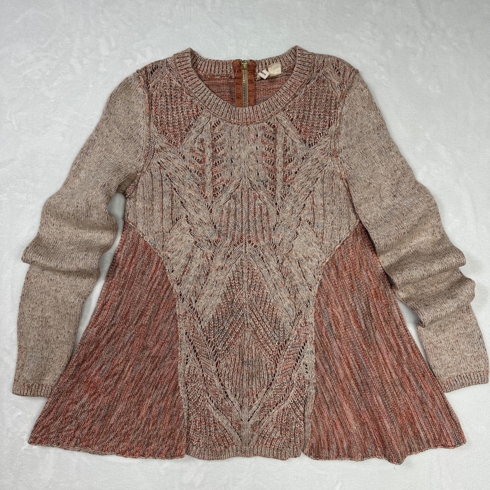 Anthropologie MOTH Anita Cable Knit Sweater Peplum Flare Earth Tone Large Boho - Picture 4 of 12